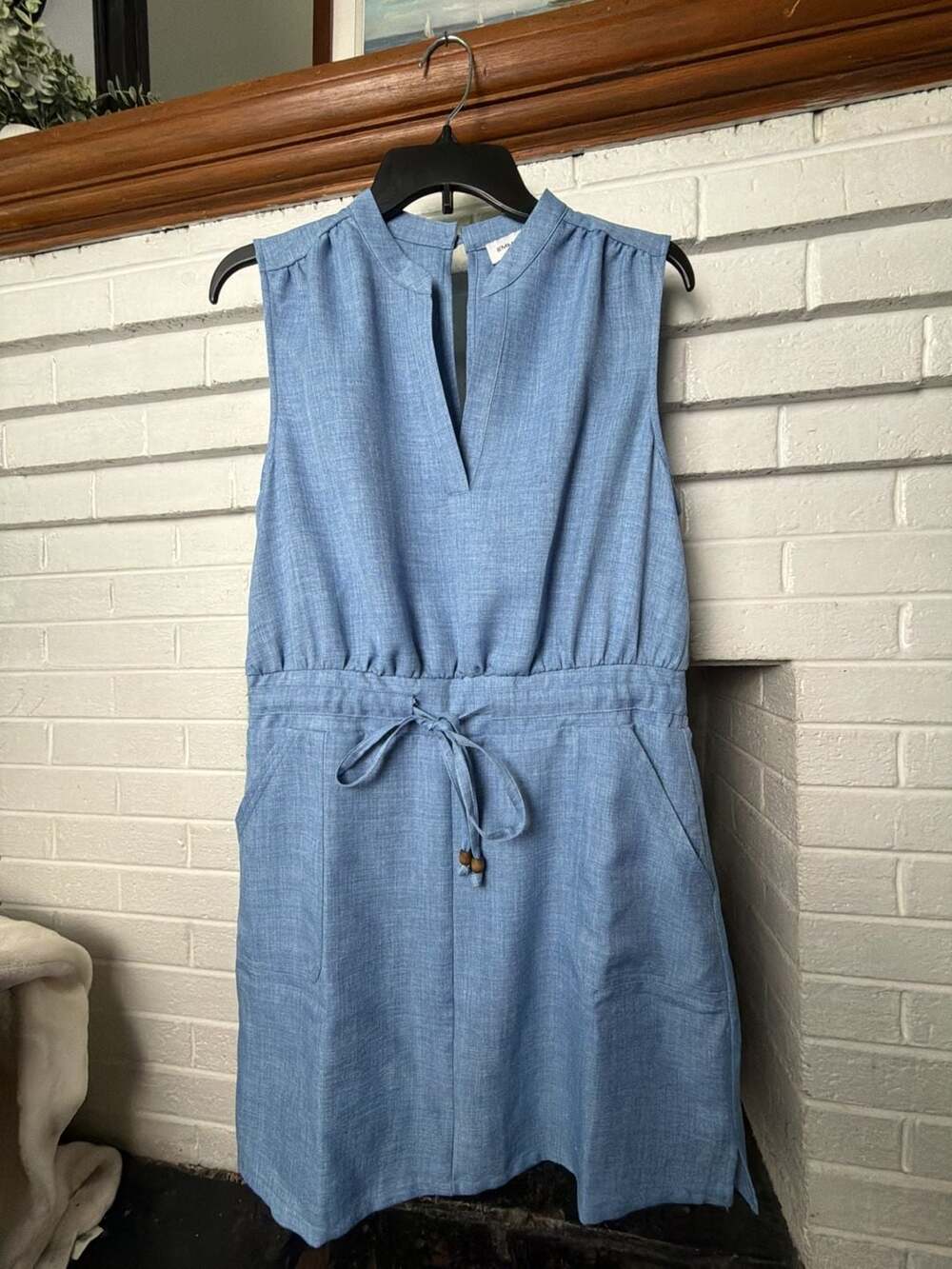 Emma & Michele Sleeveless V-Neck Chambray Dress with Drawstring Waist
